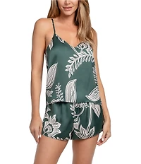 Midnight Bakery Foliage Print Sleeveless V-Neck Satin Cami Short Set