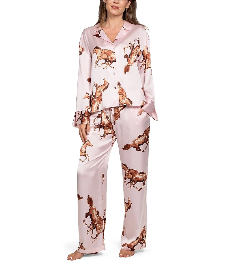Midnight Bakery Horse Print Long Sleeve Notch Collar Satin Long Pajama Set