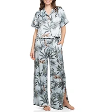 Midnight Bakery Jungle Cat Print Short Sleeve Notch Collar Satin Long Pajama Set