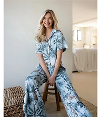 Midnight Bakery Jungle Cat Print Short Sleeve Notch Collar Satin Long Pajama Set