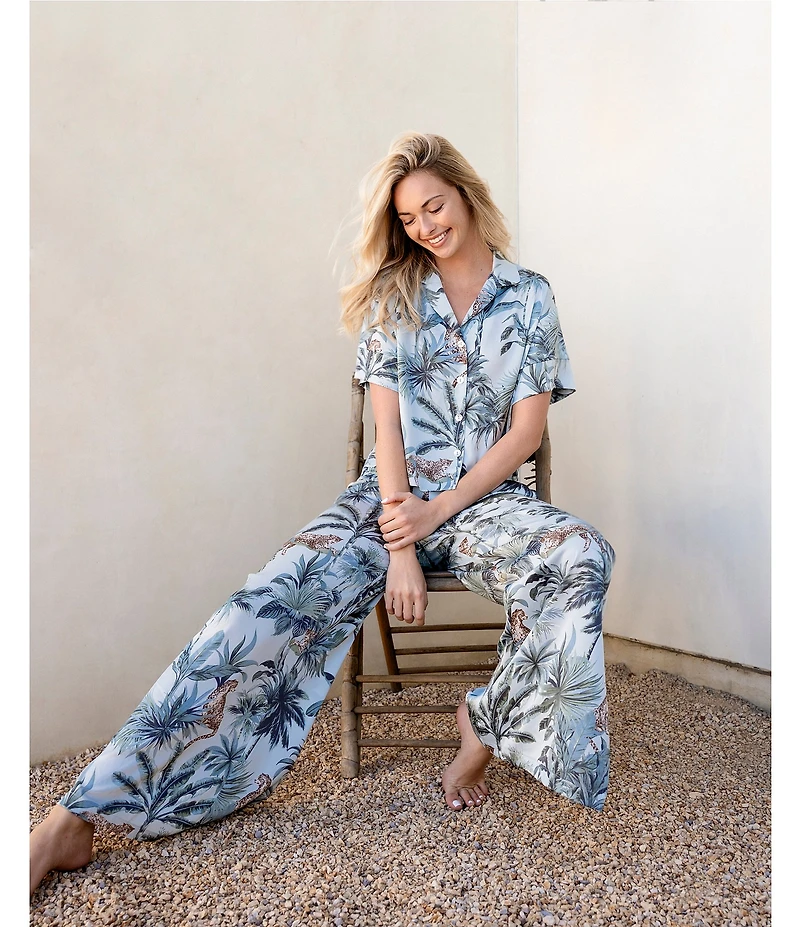 Midnight Bakery Jungle Cat Print Short Sleeve Notch Collar Satin Long Pajama Set