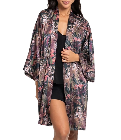Midnight Bakery Jungle Print 3/4 Sleeve Shawl Collar Satin Coordinating Short Robe