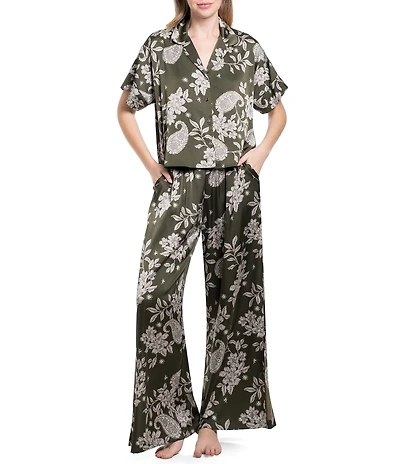 Midnight Bakery Paisley Print Satin Short Sleeve Boxy Fit Notch Collar Wide Leg Long Pajama Set