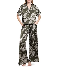 Midnight Bakery Paisley Print Satin Short Sleeve Boxy Fit Notch Collar Wide Leg Long Pajama Set