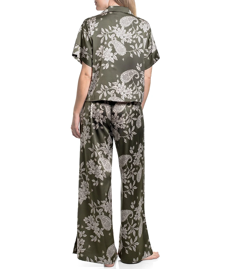 Midnight Bakery Paisley Print Satin Short Sleeve Boxy Fit Notch Collar Wide Leg Long Pajama Set