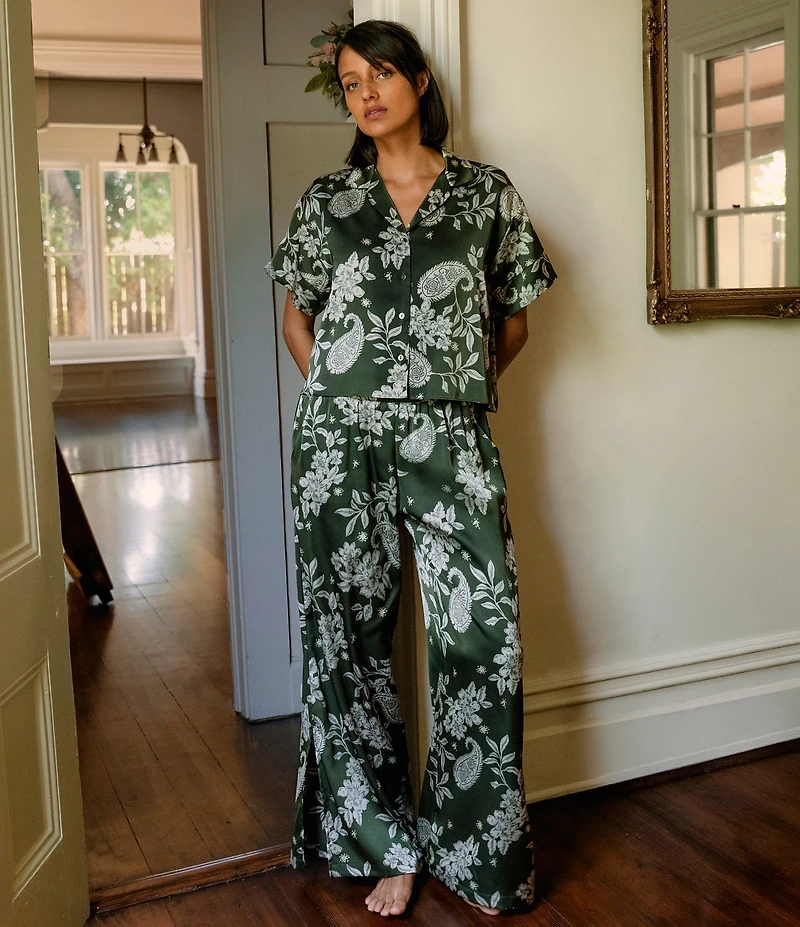 Midnight Bakery Paisley Print Satin Short Sleeve Boxy Fit Notch Collar Wide Leg Long Pajama Set