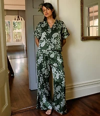 Midnight Bakery Paisley Print Satin Short Sleeve Boxy Fit Notch Collar Wide Leg Long Pajama Set