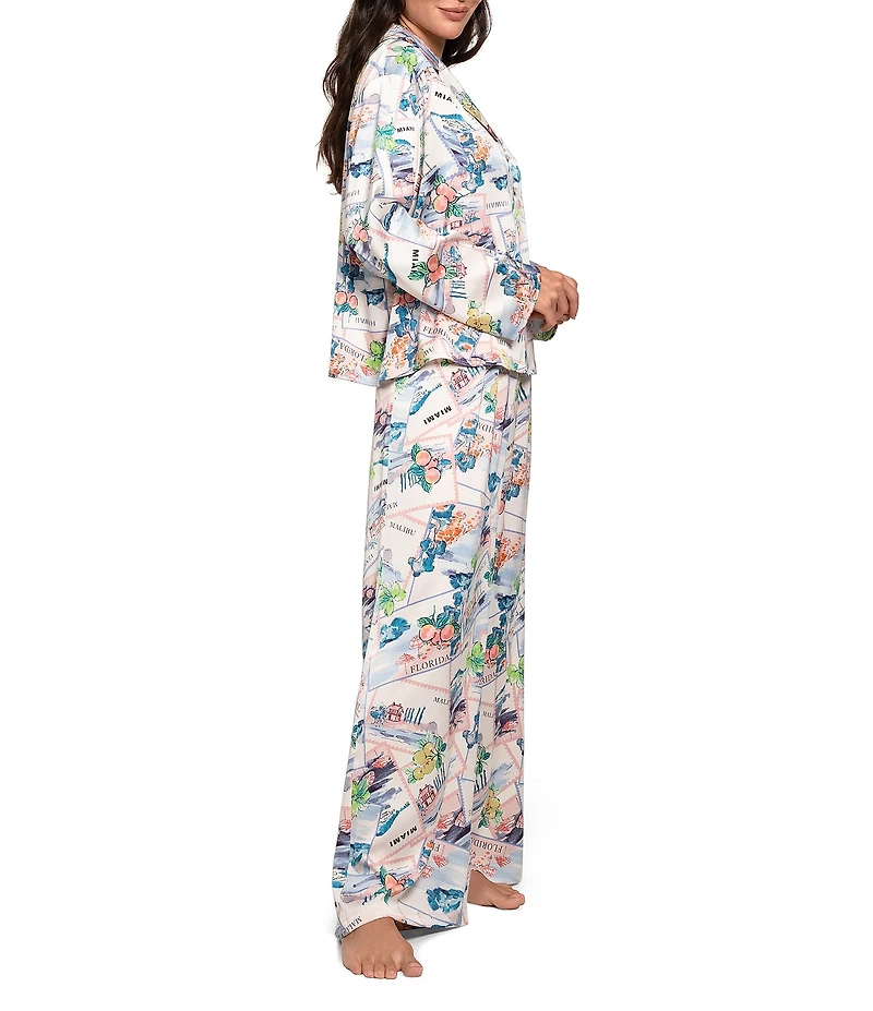 Midnight Bakery Postcard Print Long Sleeve Notch Collar Long Satin Pajama Set