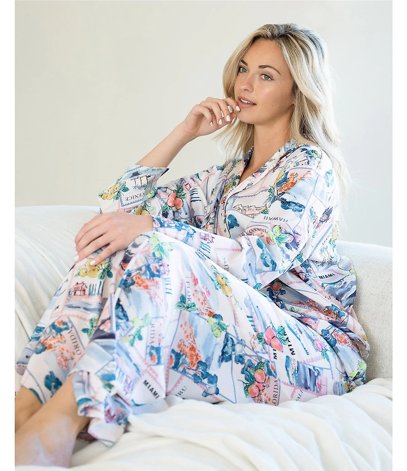 Midnight Bakery Postcard Print Long Sleeve Notch Collar Long Satin Pajama Set
