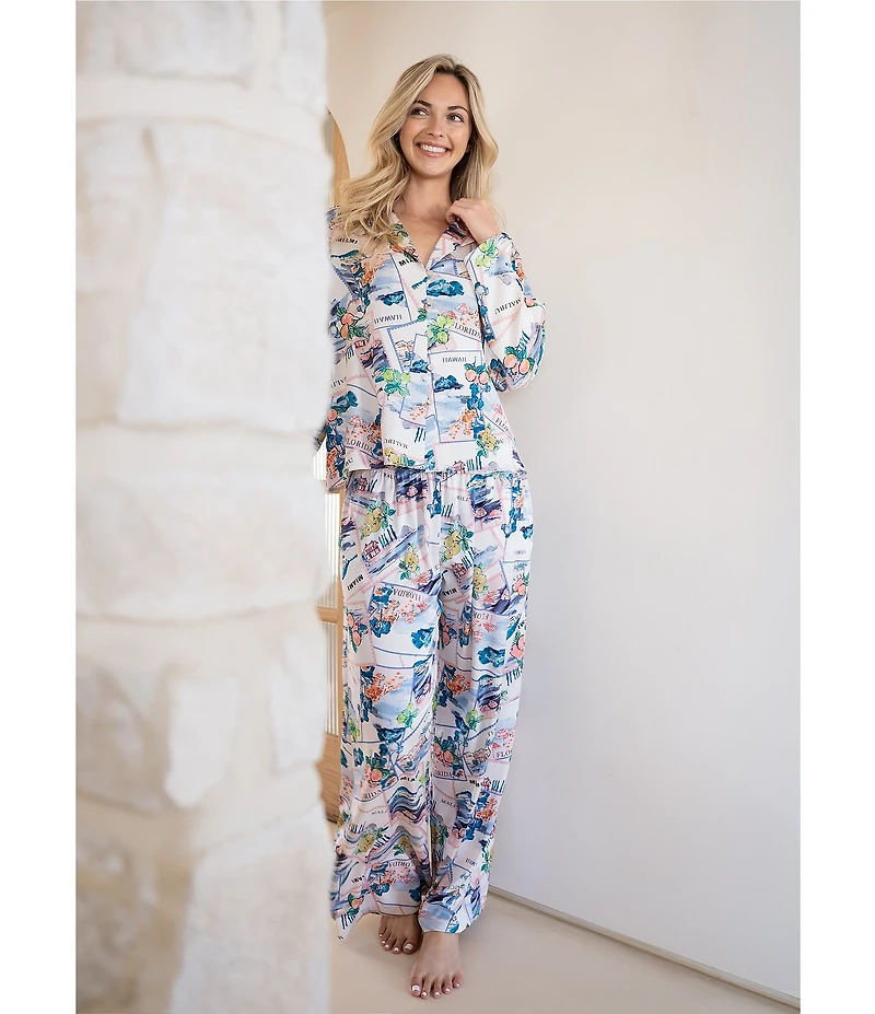 Midnight Bakery Postcard Print Long Sleeve Notch Collar Long Satin Pajama Set