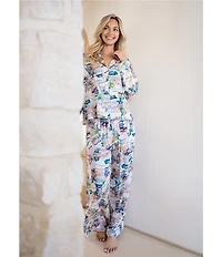 Midnight Bakery Postcard Print Long Sleeve Notch Collar Long Satin Pajama Set