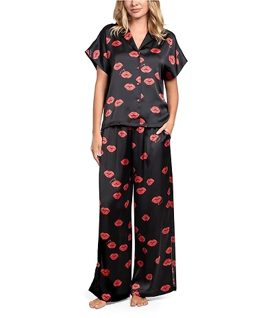 Midnight Bakery Lips Print Short Sleeve Notch Collar Satin Long Valentine's Day Pajama Set