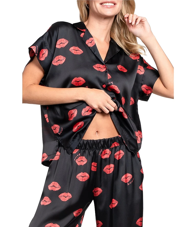 Midnight Bakery Lips Print Short Sleeve Notch Collar Satin Long Valentine's Day Pajama Set