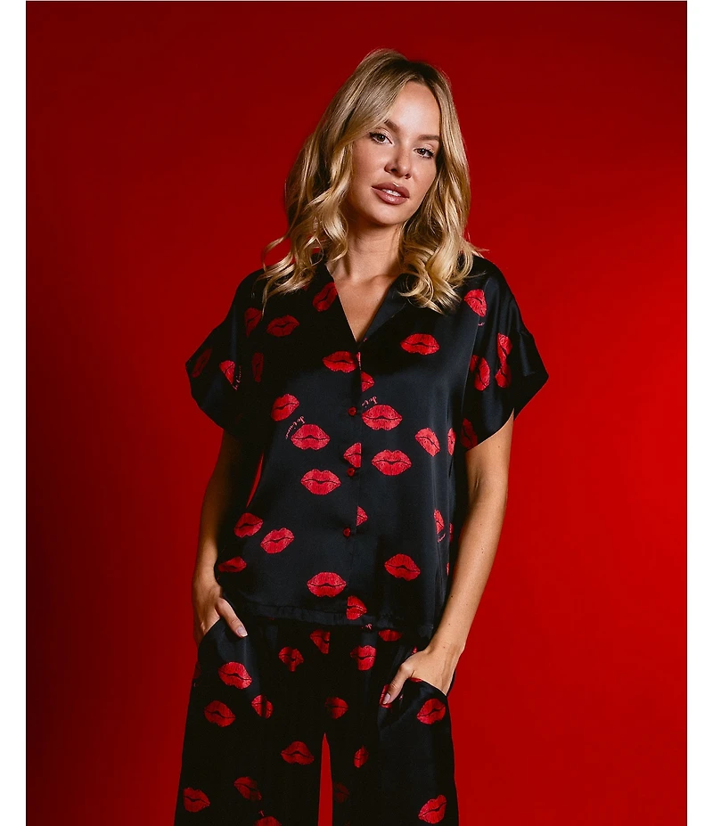 Midnight Bakery Lips Print Short Sleeve Notch Collar Satin Long Valentine's Day Pajama Set