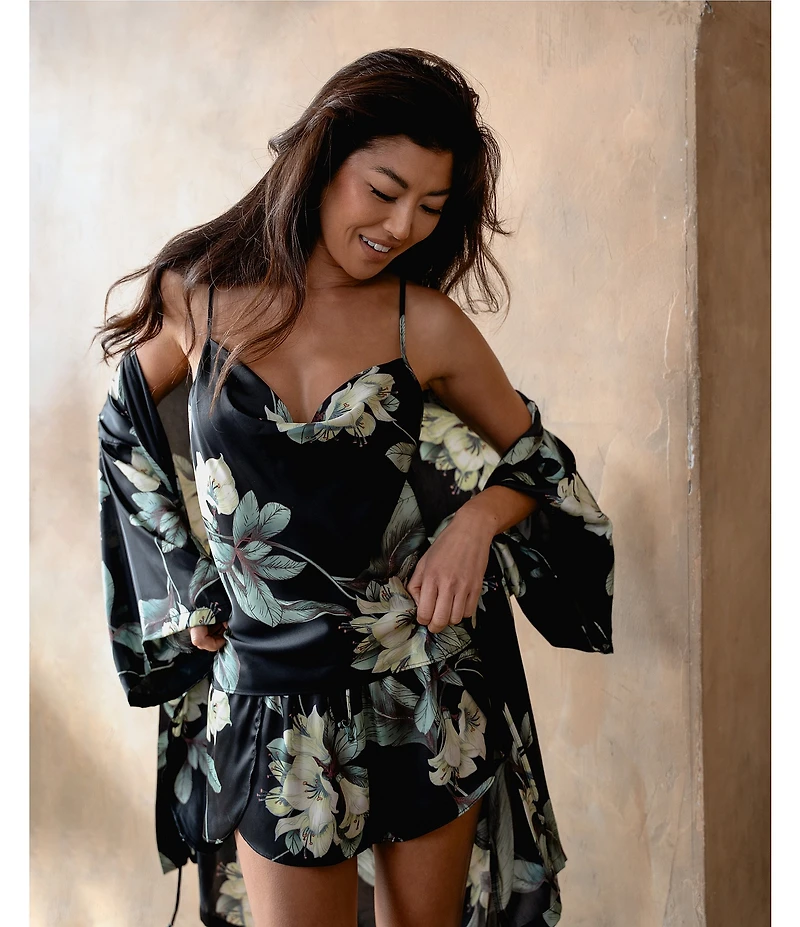 Midnight Bakery Satin 3/4 Sleeve Tropical Floral Coordinating Short Robe