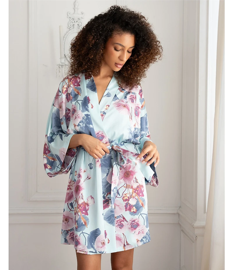 Midnight Bakery Satin Floral 3/4 Sleeve Coordinating Short Robe