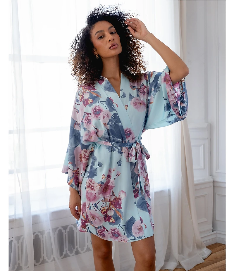 Midnight Bakery Satin Floral 3/4 Sleeve Coordinating Short Robe