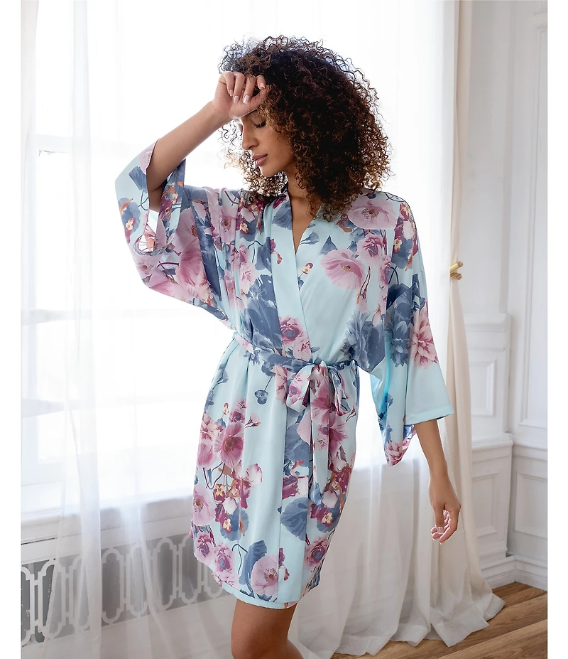 Midnight Bakery Satin Floral 3/4 Sleeve Coordinating Short Robe