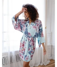 Midnight Bakery Satin Floral 3/4 Sleeve Coordinating Short Robe