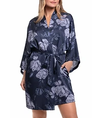 Midnight Bakery Satin Floral Print 3/4 Sleeve Short Robe