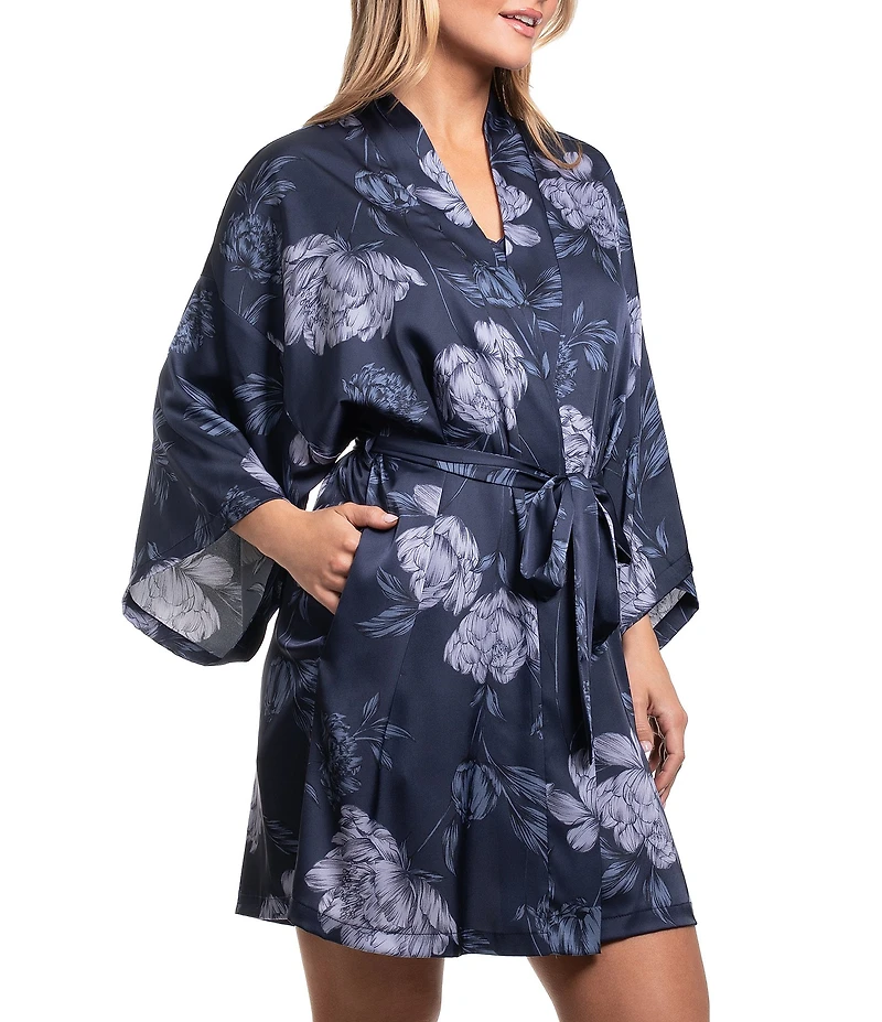 Midnight Bakery Satin Floral Print 3/4 Sleeve Short Robe