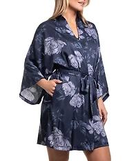 Midnight Bakery Satin Floral Print 3/4 Sleeve Short Robe