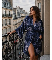 Midnight Bakery Satin Floral Print 3/4 Sleeve Short Robe