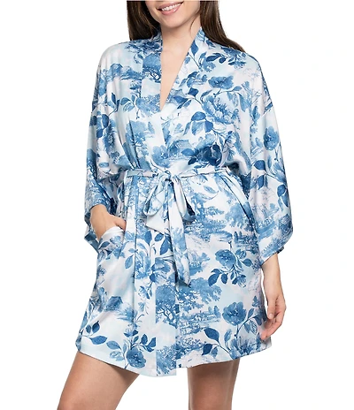 Midnight Bakery Satin Floral Toile 3/4 Sleeve Coordinating Short Robe