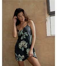 Midnight Bakery Satin Tropical Floral Sleeveless V-Neck Coordinating Chemise