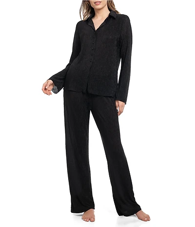 Midnight Bakery Solid Lightweight Plisse Long Sleeve Notch Collar Long Pajama Set