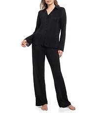 Midnight Bakery Solid Lightweight Plisse Long Sleeve Notch Collar Long Pajama Set