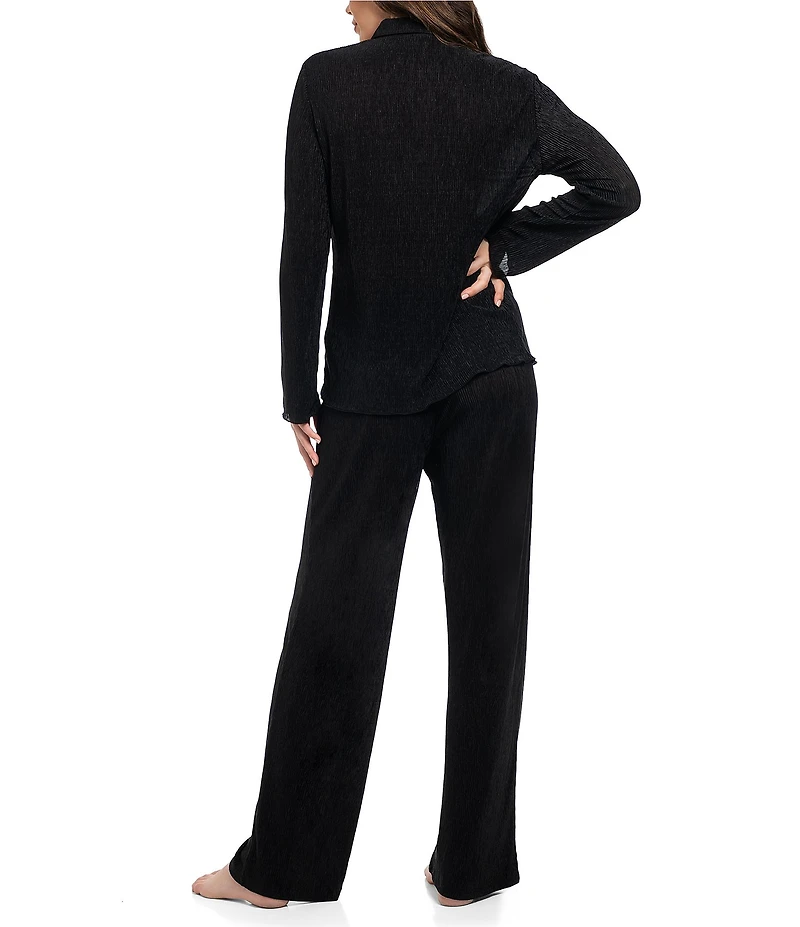 Midnight Bakery Solid Lightweight Plisse Long Sleeve Notch Collar Long Pajama Set