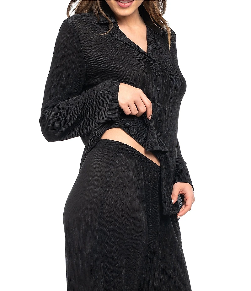 Midnight Bakery Solid Lightweight Plisse Long Sleeve Notch Collar Long Pajama Set