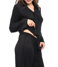 Midnight Bakery Solid Lightweight Plisse Long Sleeve Notch Collar Long Pajama Set