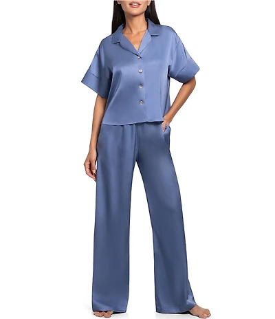 Midnight Bakery Solid Short Sleeve Notch Collar Satin Long Pajama Set