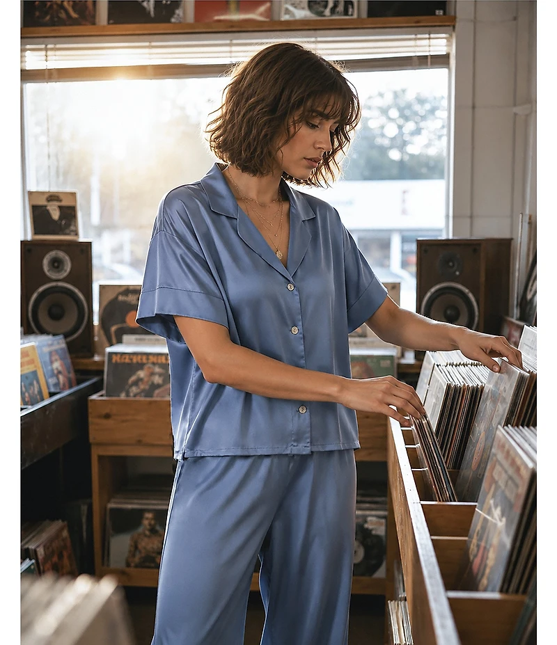 Midnight Bakery Solid Short Sleeve Notch Collar Satin Long Pajama Set
