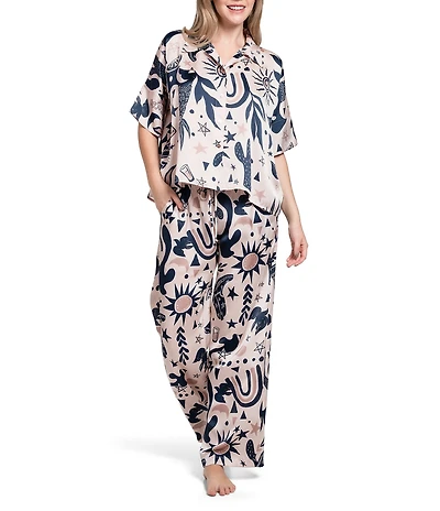 Midnight Bakery Southwestern Print Short Sleeve Notch Collar Satin Pajama Set