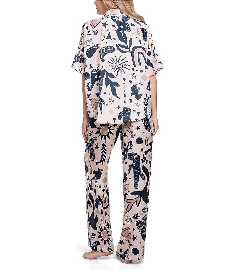 Midnight Bakery Southwestern Print Short Sleeve Notch Collar Satin Pajama Set