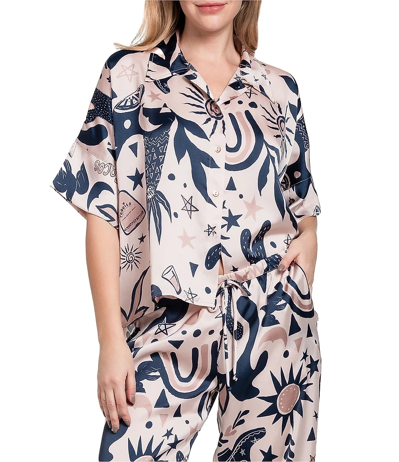 Midnight Bakery Southwestern Print Short Sleeve Notch Collar Satin Pajama Set