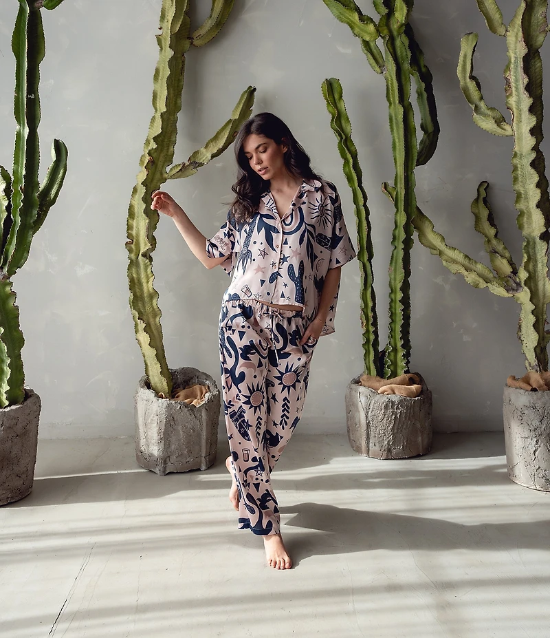 Midnight Bakery Southwestern Print Short Sleeve Notch Collar Satin Pajama Set