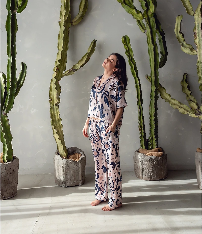 Midnight Bakery Southwestern Print Short Sleeve Notch Collar Satin Pajama Set