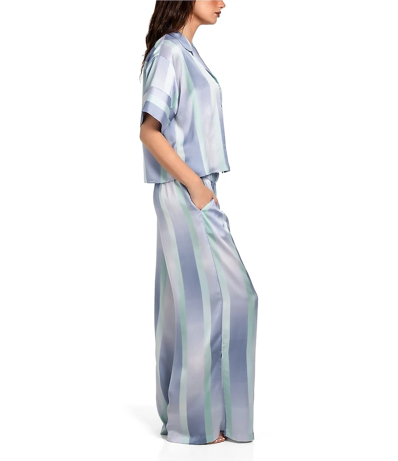 Midnight Bakery Striped Short Sleeve Notch Collar Satin Shirt & Wide-Leg Pant Pajama Set
