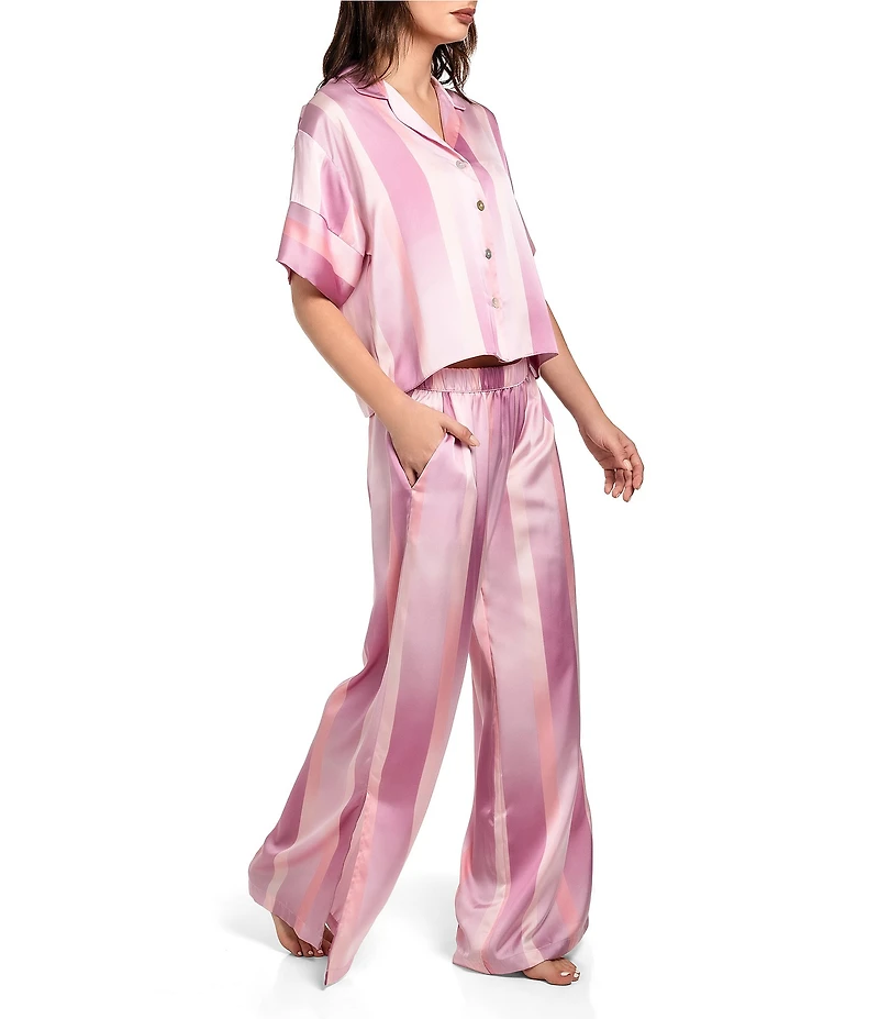 Midnight Bakery Striped Short Sleeve Notch Collar Satin Shirt & Wide-Leg Pant Pajama Set