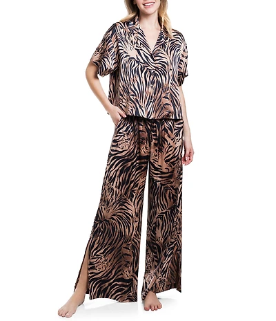 Midnight Bakery Tiger Print Satin Short Sleeve Boxy Fit Notch Collar Wide Leg Long Pajama Set