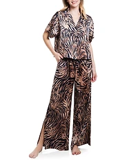 Midnight Bakery Tiger Print Satin Short Sleeve Boxy Fit Notch Collar Wide Leg Long Pajama Set
