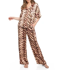 Midnight Bakery Tiger Print Short Sleeve Notch Collar Long Satin Pajama Set