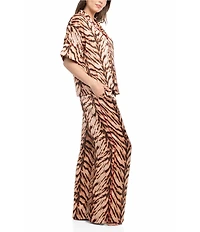 Midnight Bakery Tiger Print Short Sleeve Notch Collar Long Satin Pajama Set