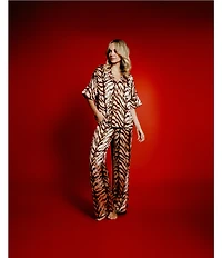 Midnight Bakery Tiger Print Short Sleeve Notch Collar Long Satin Pajama Set