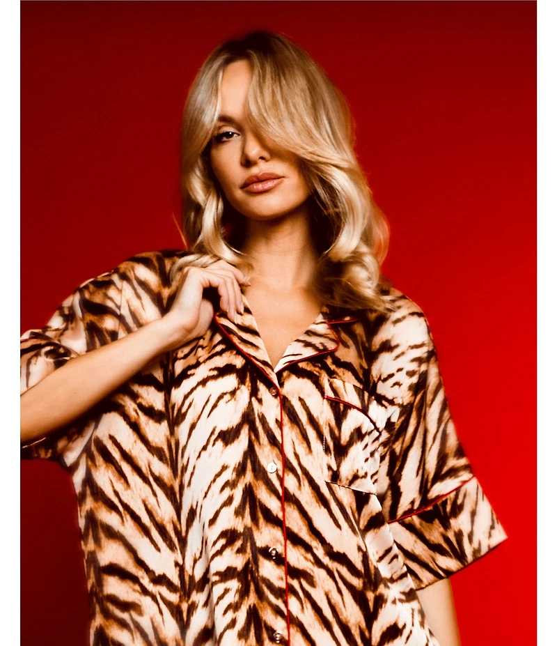 Midnight Bakery Tiger Print Short Sleeve Notch Collar Long Satin Pajama Set