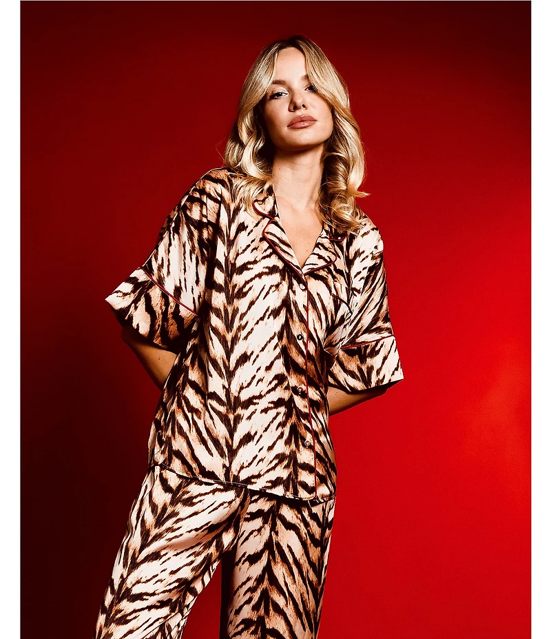 Midnight Bakery Tiger Print Short Sleeve Notch Collar Long Satin Pajama Set
